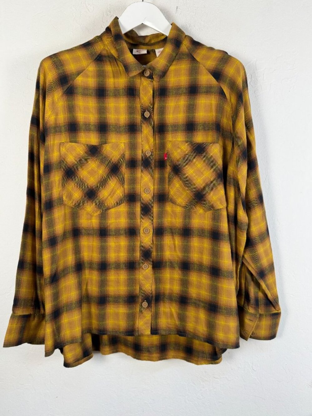 Levi's Womens Ex-Boyfriend Plaid Flannel Shirt XL Mustard Yellow Relaxed Fit New